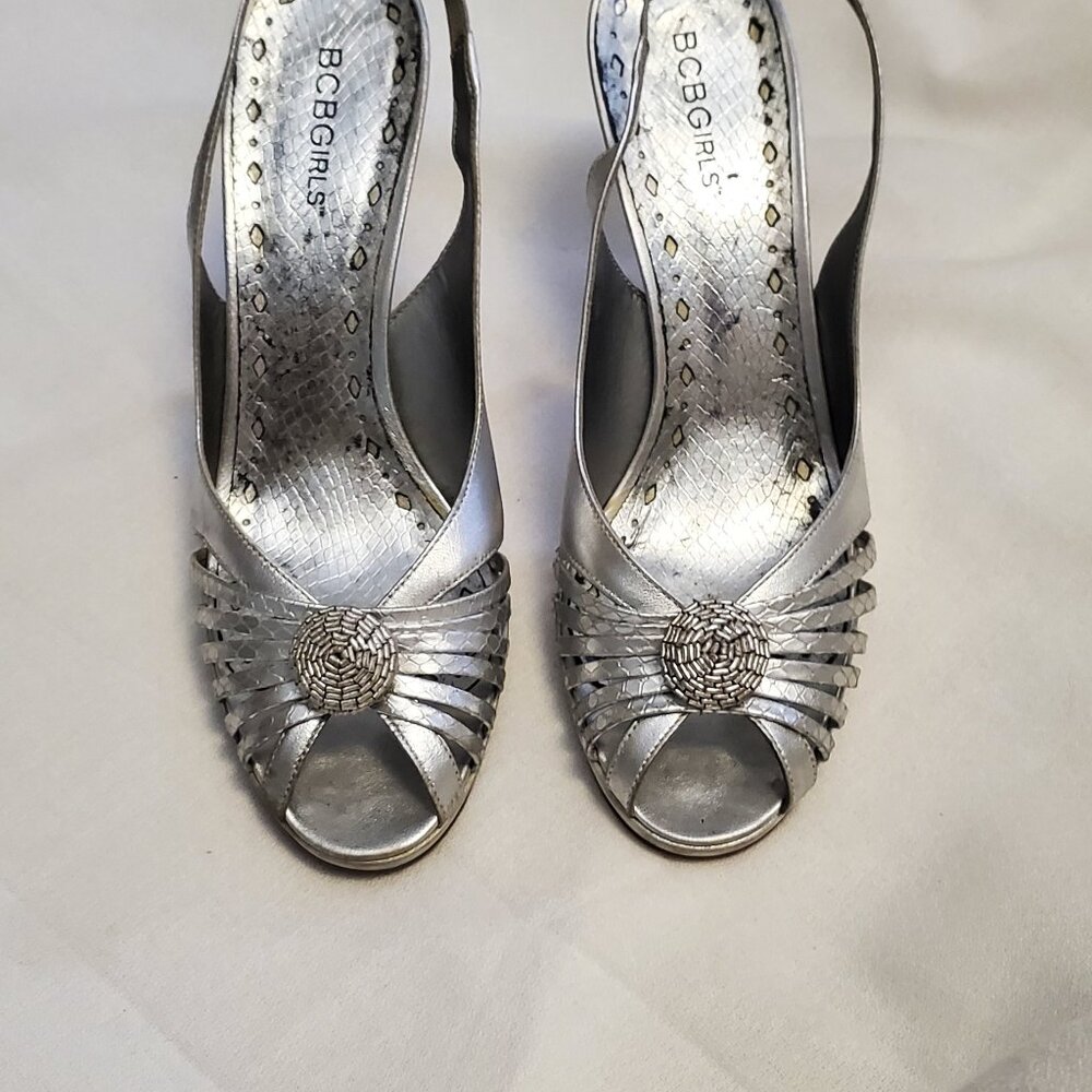 BCBGirls Silver slingback peeptoe heels size 8.5